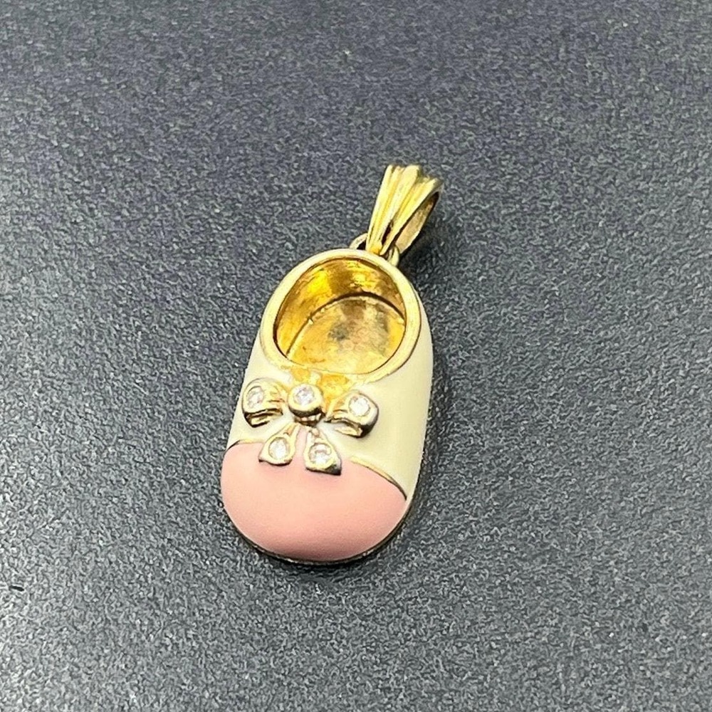 14K Gold Baby Shoe Bootie Charm Pink Enamel Diamonds Bow Signed PG 5.3g Pendant